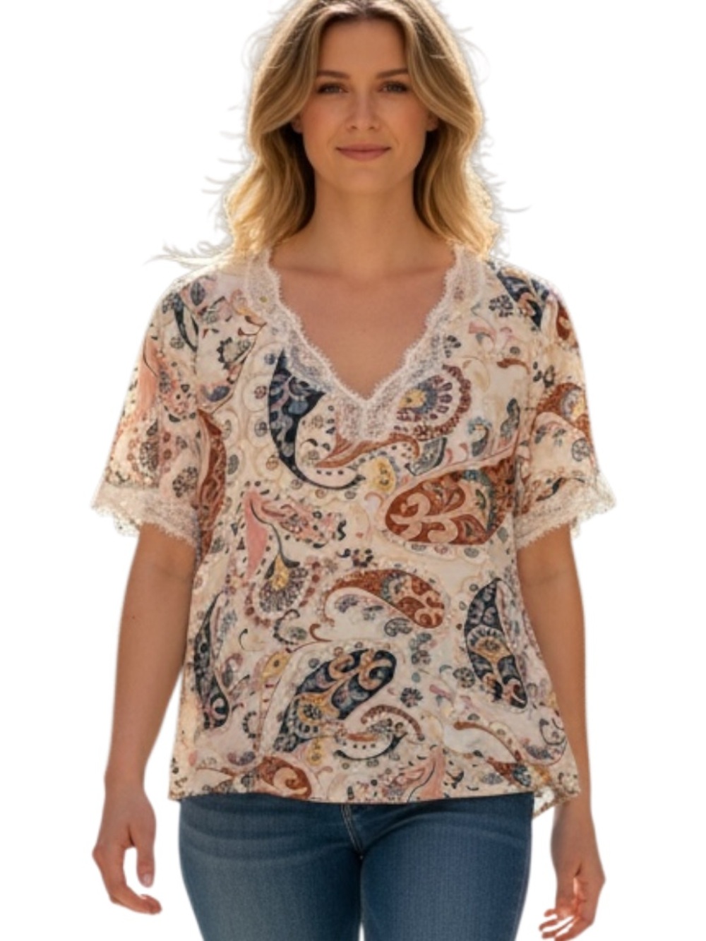 Cato Paisley Lace-Trim V-Neck Blouse in Cream, Pink & Blue